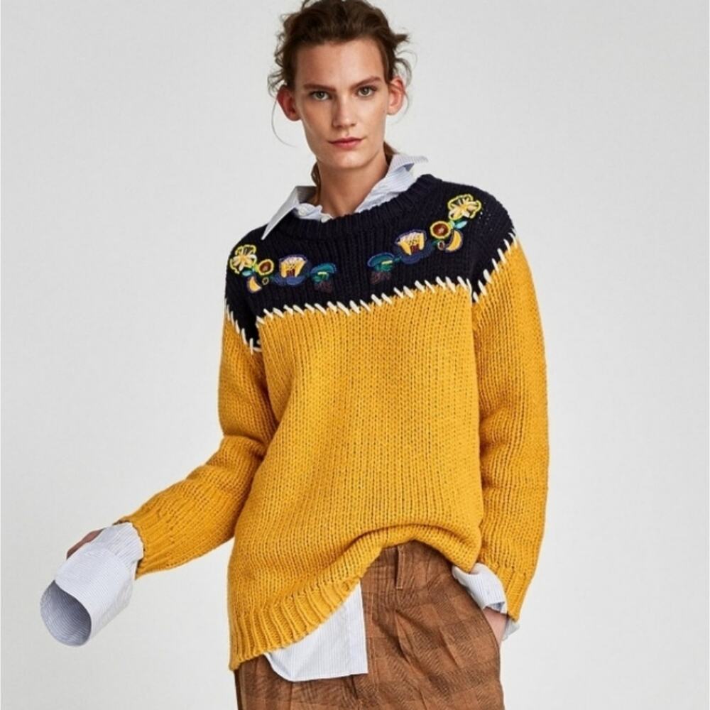 Zara Yellow & Navy Color Block Beaded Embroidered Oversized Chunky Sweater sz S